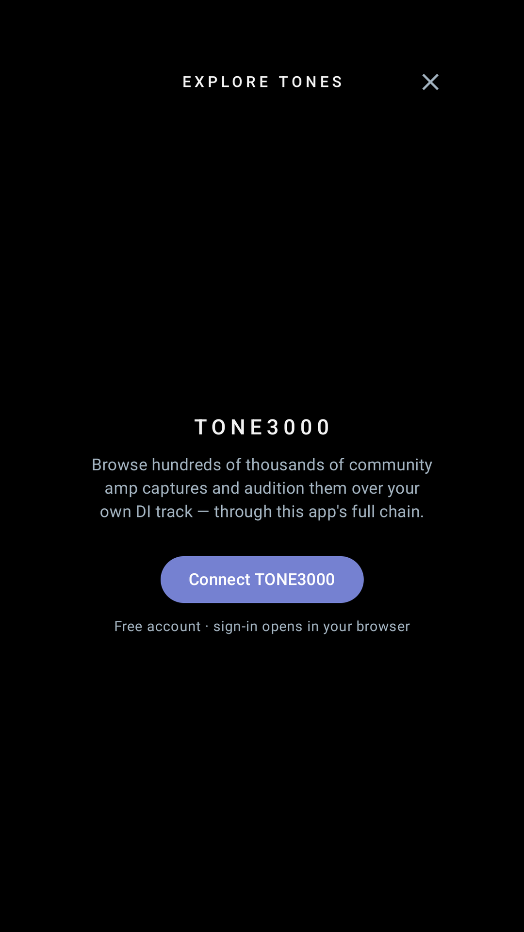 Explore Tones screen with the TONE3000 connect button