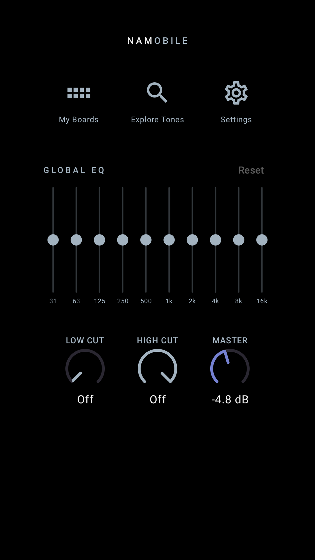 NAMobile home screen: My Boards, Explore Tones, Settings and the global EQ