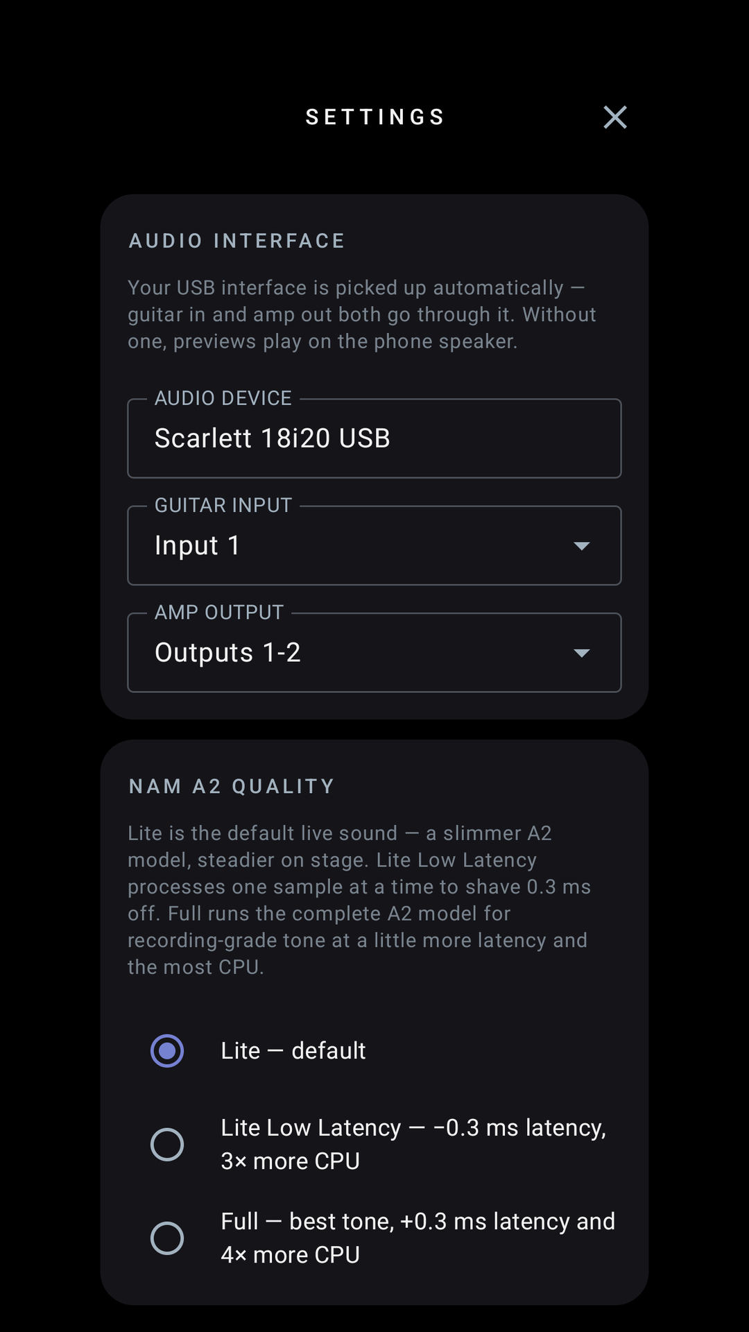 Settings screen: audio interface, guitar input, amp output and NAM A2 quality